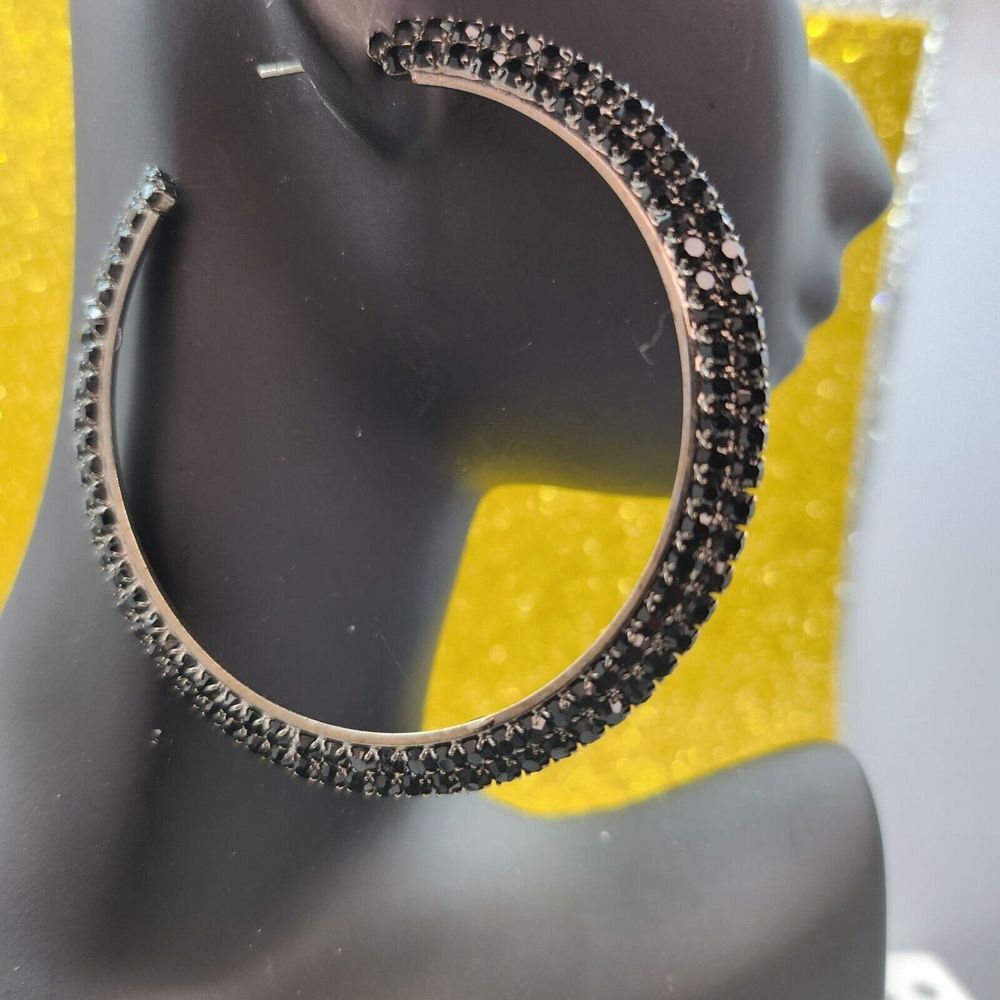 Rhinestone-Studded Black Hoop Earrings For Women‎
